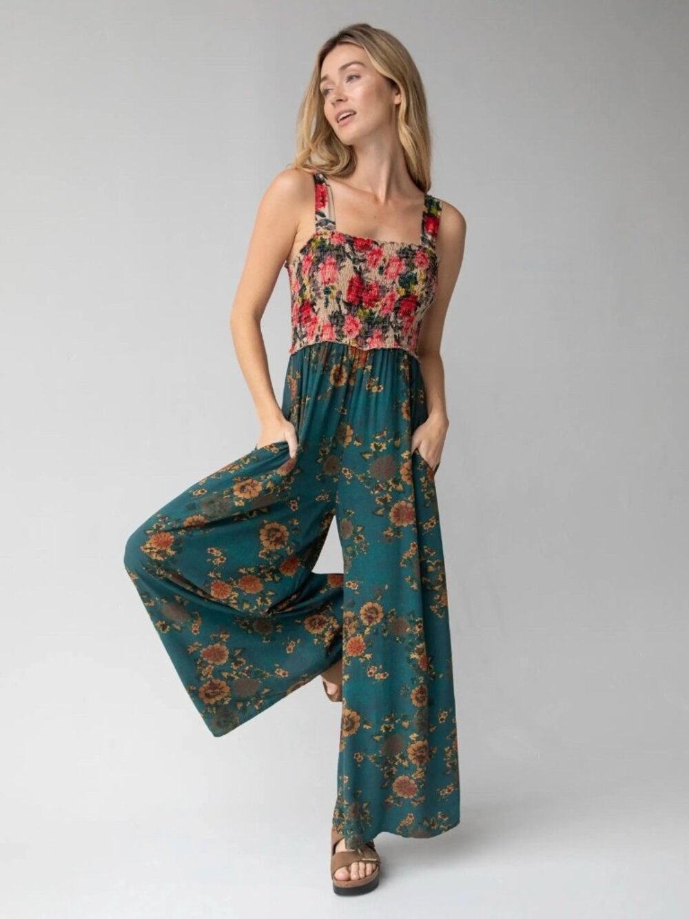Natural LIfe Womens Sedona Jumpsuit Sz Medium Green Tan Floral Wide Leg Boho
